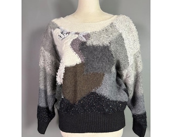 Vintage MarieaKim Patchwork Sweater Womens L Floral Knit 80s Maximalism 3D Mixed