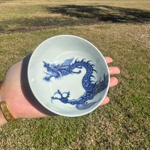 May include: A small, white ceramic bowl with a blue dragon design. The dragon is depicted in a stylized, flowing manner, wrapping around the interior of the bowl. The bowl is held against a backdrop of green grass and a wooden fence.
