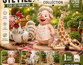 Farm Friends STL-bundel | Chef-kok varken, haan, giraf 3D-modellen (digitale download)