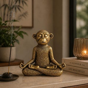 May include: A gold-colored monkey figurine in a seated yoga pose. The statue has closed eyes and is in a meditative position. Incense is burning to the left of the figurine. The background includes a framed picture and a candle.