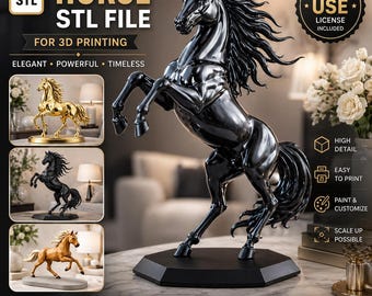 Elegant steigerend paard STL-bestand | 3D-afdrukbare sculptuur met modern decor (commercieel gebruik)