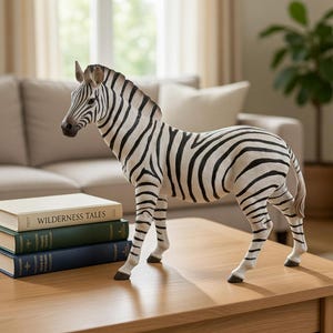 Op de afbeelding: Een decoratief zebrafiguur met zwart-witte strepen staat op een houten tafel. Naast het zebrafiguur liggen boeken met beige, groene en blauwe kaften. De scène speelt zich af in een woonkamer.