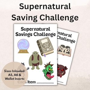 May include: White paper inserts with the text "Supernatural Saving Challenge" and illustrations of a crystal ball, a spell book, and fantasy creatures. The sizes included are A5, A6, and wallet inserts.