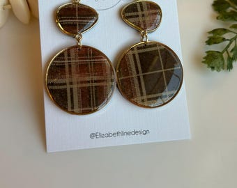 Espresso Plaid Double-Drop Rounds | Polymer Clay Handmade Statement Earrings OOAK