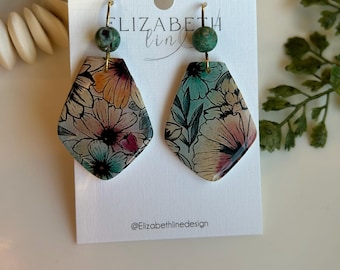Teal Bloom Diamond Drops with Turquoise Accents  | Polymer Clay Handmade Statement Earrings OOAK