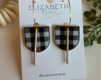 Monochrome Buffalo Check D-Drops | Polymer Clay Handmade Statement Earrings OOAK