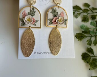 Sculpted Rose & Hammered Gold Pillars | Polymer Clay Handmade Statement Earrings OOAK
