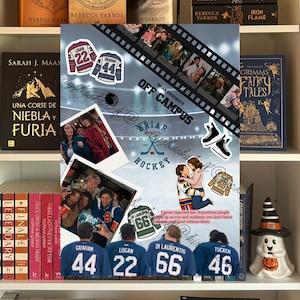 May include: A collage print featuring Briar University Off Campus hockey imagery, including player jerseys numbered 22, 44, 46, and 66, a film strip, polaroid-style photos of people, ice skates, and the text: I never expected her. Sometimes people sneak up on you and suddenly you don't know how you ever lived without them.