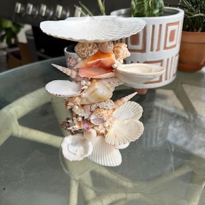 Puede incluir: Una escultura decorativa de conchas marinas compuesta por varias conchas, perlas y otros elementos marinos. La escultura presenta un diseño en capas con una variedad de formas y colores de conchas, incluyendo blanco, naranja y beige. La escultura mide aproximadamente 30 cm de alto.