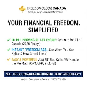 Può includere: Una grafica bianca con il testo "FREEDOMCLOCK CANADA" e "Unlock Your Dream Retirement". Il testo "YOUR FINANCIAL FREEDOM. SIMPLIFIED" è visualizzato. Il testo aggiuntivo include "10-IN-1 PROVINCIAL TAX ENGINE", "INSTANT 'FREEDOM AGE'" e "EASY & POWERFUL".