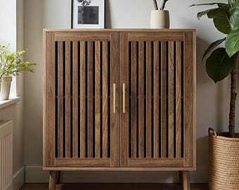 Farmhouse Sideboard Cabinet, Walnut Coffee Bar Storage with Slatted Doors