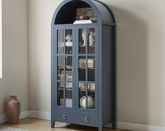 Farmhouse Arched Display Cabinet Glass Door Bookshelf Pantry Storage Organizer