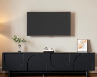 Black TV Stand with Arch Cabinets Minimalist Media Console with Storage Shelves