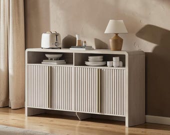 Modern Fluted Sideboard Credenza Curved Coffee Bar Storage Cabinet