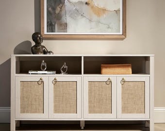 Boho Rattan TV Stand with Storage Doors and Open Shelves