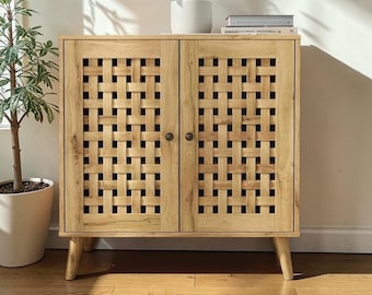 Farmhouse Accent Cabinet Basket Weave Doors Wooden Sideboard Storage Organizer