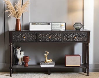 Carved Console Table with Drawers Mid Century Entryway Sofa Table Floral