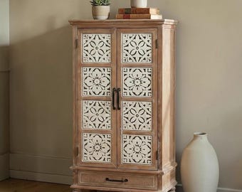 Vintage Carved Wood Cabinet Tall Farmhouse Sideboard Storage