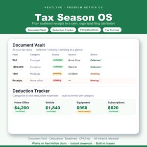 Tax Season Notion Template, Financial Reset Planner, Tax Prep Organizer, Deduction & Document Tracker, Filing Deadline Dashboard