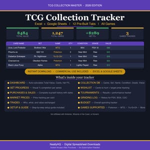 Könnte beinhalten: Ein digitales TCG Collection Tracker-Tabellenkalkulationsprogramm mit dunklem Hintergrund. Der Tracker enthält Abschnitte für Gesamtwert, Gesamtkarten und Nettogewinn. Es listet Kartendetails wie Name, Set, Spiel, Menge, Zustand, Note und Wert auf. Funktionen umfassen ein Dashboard, eine Sammlungsdatenbank und Marktpreise.