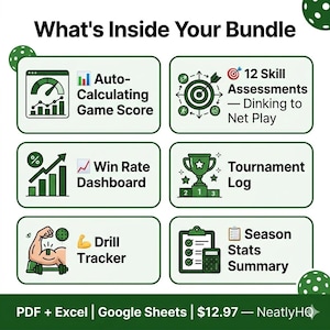 May include: A digital pickleball score tracker with a green and orange color scheme. The spreadsheet includes sections for win rate, games logged, DUPR rating, and drill hours. It features a game log, tournament log, and skills tracker, with auto-calculating win rates.