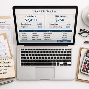 May include: A laptop showing an HSA/FSA tracker, with documents, a calculator, glasses, and coffee. The screen displays financial data, including balances and expense breakdowns. A notepad lists medical expense tasks.