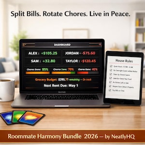 Roommate Expense Tracker | Shared Bills Chore Schedule Excel