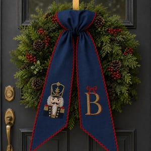 Personalized Christmas Wreath Sash, Navy Nutcracker Embroidered Door Bow, Custom Monogram Holiday Decor, Classic Winter Front Door Gift