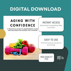 May include: Digital download titled "Aging with Confidence." The image features a pink dumbbell, measuring tape, fruit, and a glass of juice. Text includes "Instant Access," "Easy to Use," and "High Quality File."