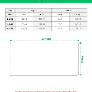 May include: A white background with a table showing beach towel dimensions. The text "BEACH TOWEL" is at the top. The table lists sizes, lengths in inches and cm, and widths in inches and cm. The dimensions are 24x42, 35x70, and 36x60.