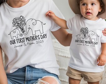 First Mother's Day Elephant Matching Shirts, Custom Name Our First Mothers Day 2026 Shirt, New Mom Elephant Shirt, Mommy and Me T-Shirt,