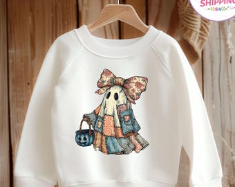 Faux Patchwork Ghost Sweatshirt, Ghost Sweatshirt, Toddler Halloween Shirt, Girly Ghost T-Shirt, Spooky Season Tee
