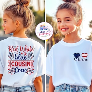 May include: A white t-shirt featuring a red, white, and blue graphic on the back with the text Red White & blue COUSIN Crew and fireworks. The front displays heart-shaped sunglasses with American flag patterns and the name Allison in blue.