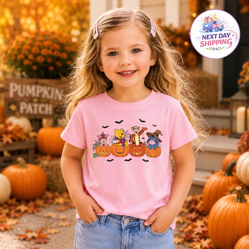 May include: A light pink short-sleeve t-shirt featuring a graphic print of four cartoon characters sitting inside orange jack-o'-lantern pumpkins, surrounded by small black bats. The characters include a pig, a bear, a tiger, and a donkey.