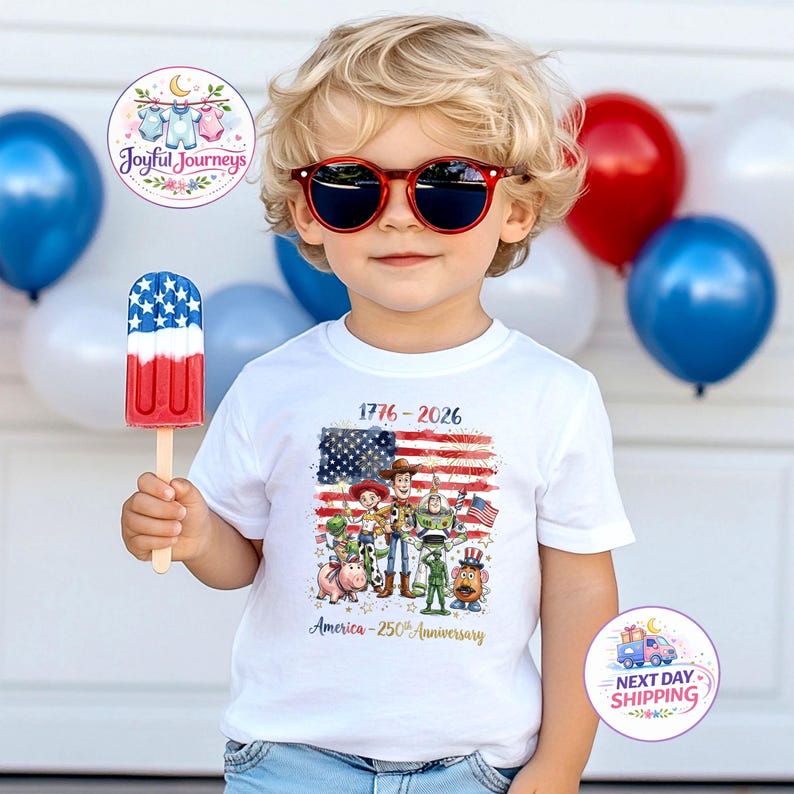 K&ouml;nnte beinhalten: Ein Kind mit roter Sonnenbrille und einem wei&szlig;en T-Shirt mit einer Grafik der amerikanischen Flagge und Zeichentrickfiguren. Das Shirt zeigt den Text "1776-2026" und "America - 250th Anniversary". Das Kind h&auml;lt ein rot-wei&szlig;-blaues Eis.