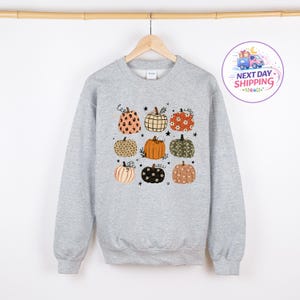May include: A light gray crewneck sweatshirt featuring a graphic print of nine pumpkins in various patterns, including leopard print, plaid, floral, and solid orange. The design is accented with small black stars and swirls on the front center.