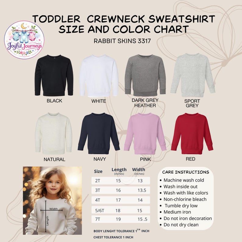 Puede incluir: Tabla de tallas y colores de sudaderas de cuello redondo para ni&ntilde;os peque&ntilde;os. Colores: negro, blanco, gris oscuro jaspeado, gris deportivo, natural, azul marino, rosa y rojo. La tabla muestra tallas, longitudes y anchos en pulgadas, con instrucciones de cuidado.