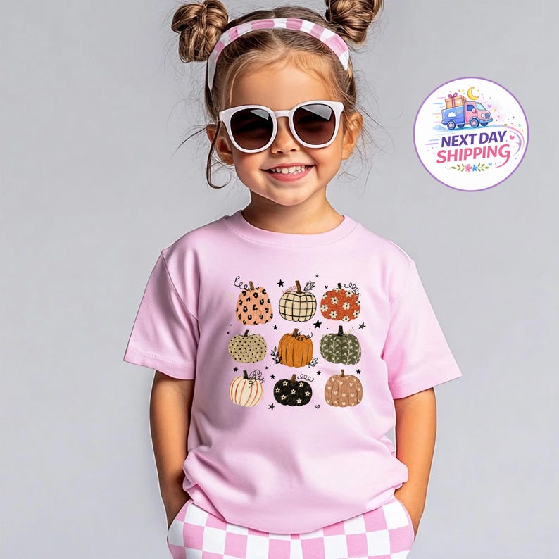 May include: A light pink short-sleeved t-shirt featuring a graphic print of nine pumpkins in various patterns and colors, including leopard print, plaid, and floral designs, accented with small black stars and decorative line art elements.