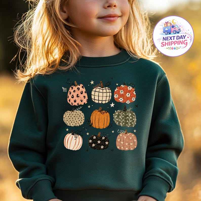 May include: A dark green long-sleeve sweatshirt featuring a graphic print of nine pumpkins in various patterns, including leopard print, plaid, floral, and polka dots, interspersed with small star icons and decorative line art elements.