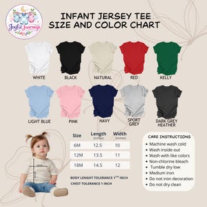 Op de afbeelding: Maat- en kleurentabel voor baby-T-shirts. Bevat witte, zwarte, natuurlijke, rode, kelly, lichtblauwe, roze, marine, sportgrijze en donkergrijze heather T-shirts. Maattabel toont lengte en breedte in inches. Onderhoudsinstructies zijn ook inbegrepen.