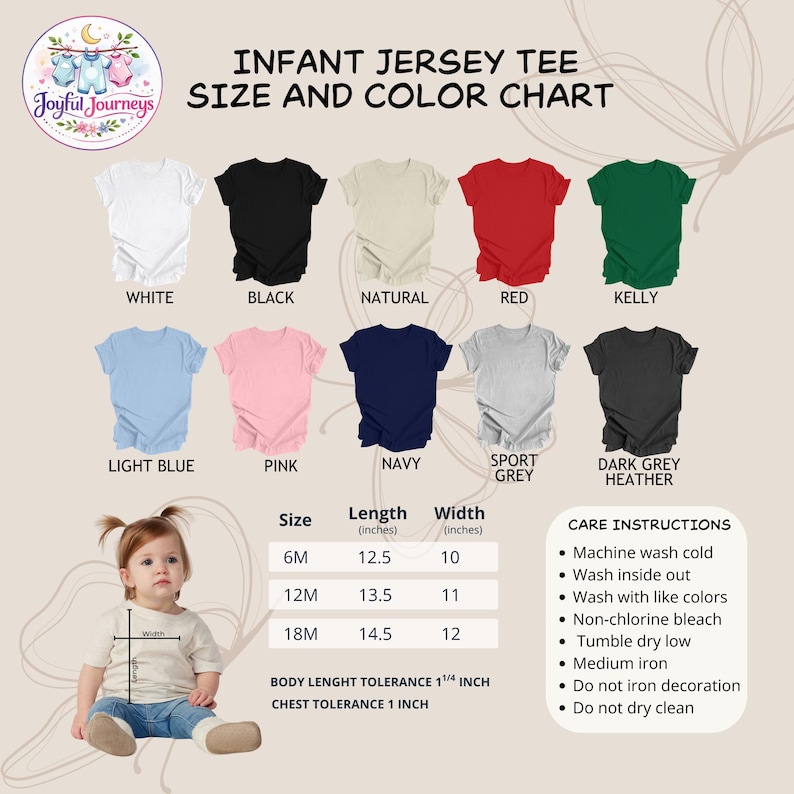 Op de afbeelding: Maat- en kleurentabel voor baby-T-shirts. Bevat witte, zwarte, natuurlijke, rode, kelly, lichtblauwe, roze, marine, sportgrijze en donkergrijze heather T-shirts. Maattabel toont lengte en breedte in inches. Onderhoudsinstructies zijn ook inbegrepen.