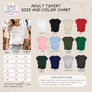 Puede incluir: Tabla de tallas y colores de camisetas para adultos. La tabla muestra varios colores de camisetas, incluyendo blanco, negro, rojo, rosa y azul marino. Las medidas est&aacute;n en pulgadas, con una tolerancia de longitud de cuerpo de 3,18 cm y de pecho de 2,54 cm.