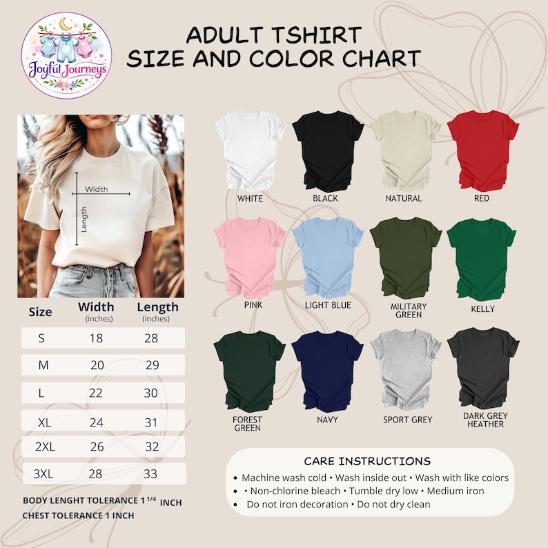 Puede incluir: Tabla de tallas y colores de camisetas para adultos. La tabla muestra varios colores de camisetas, incluyendo blanco, negro, rojo, rosa y azul marino. Las medidas est&aacute;n en pulgadas, con una tolerancia de longitud de cuerpo de 3,18 cm y de pecho de 2,54 cm.