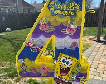 Piñata de Bob Esponja con Números Hecha a Mano - Piñatas de Números Personalizadas