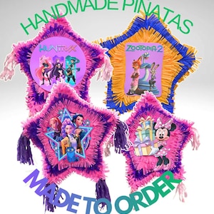 May include: Handmade star-shaped piñatas in pink, purple, blue, and yellow. Each piñata features a different cartoon character design, including characters from "Huntrix", "Zootopia 2", and Minnie Mouse. Text reads "Made to Order".