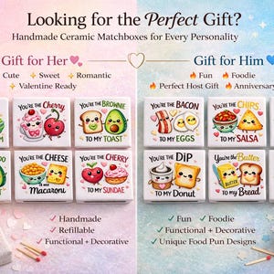 Puede incluir: Cajas de cerillas de cerámica hechas a mano con juegos de palabras sobre comida, perfectas para regalar. Los diseños incluyen ilustraciones de parejas de alimentos como aguacate y tostadas, y tocino y huevos. El texto dice "Looking for the Perfect Gift?"