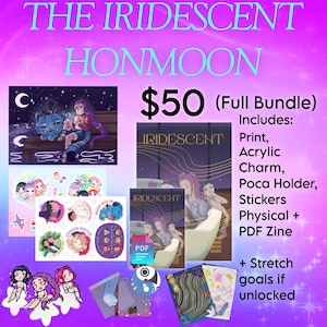 Op de afbeelding: Een bundel "The Iridescent Honmoon" merchandise. De bundel bevat een print, acryl bedel, Poca houder, stickers en een fysieke en PDF zine. De afbeelding toont illustraties en de tekst "The Iridescent Honmoon".