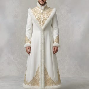 Abrigo Sherwani blanco bordado, para hombre, para boda real, novio, estilo Indo Western, con ribete de piel