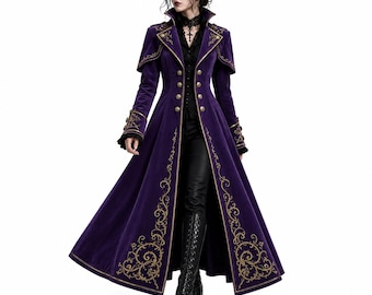 Women's Purple Velvet Gothic Coat, Victorian Embroidered Long Princess Coat, Military Style Dress Coat, Renaissance Cosplay Outerwear
