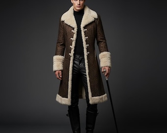 Men's Brown Shearling Long Coat, Vintage Fur Collar, Rustic Toggle Overcoat